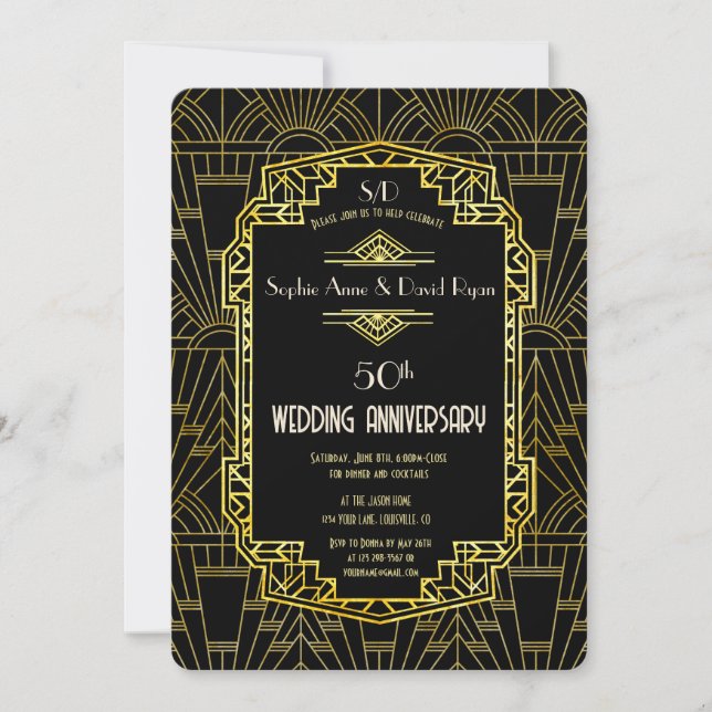 Black Gold Great Gatsby 50th Wedding Anniversary Invitation (Front)