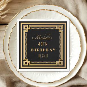 Black Gold Great Gatsby Art Deco Birthday Napkin