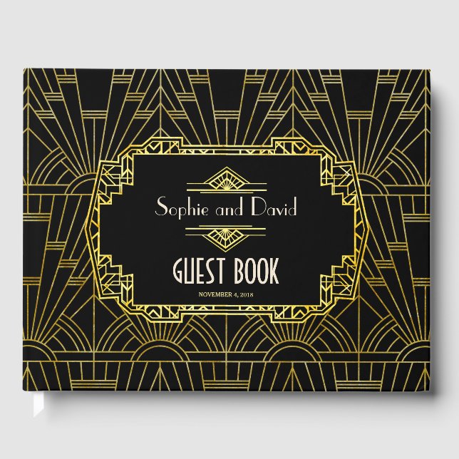 Black & Gold Great Gatsby Art Deco Wedding Guest Book (Front)