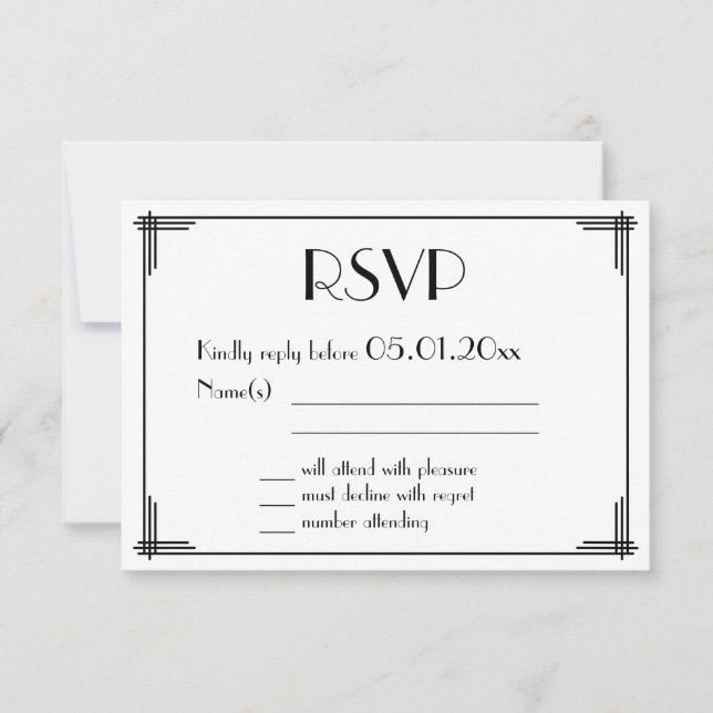 Black Gold Great Gatsby Art Deco Wedding RSVP Card (Front)