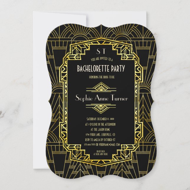 Black & Gold Great Gatsby Bachelorette Party Invitation (Front)
