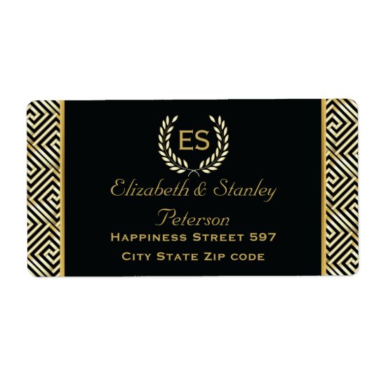 Black, gold Greek key and laurel wreath wedding Shipping Label
