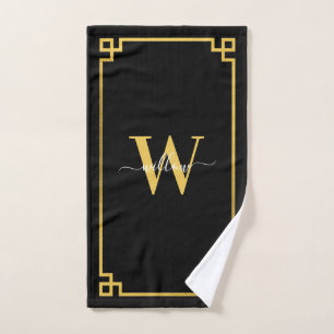 Black & Gold Greek Key Monogrammed Bath Towel Set