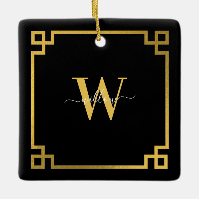 Black & Gold Greek Key Monogrammed   Ceramic Ornament (Front)