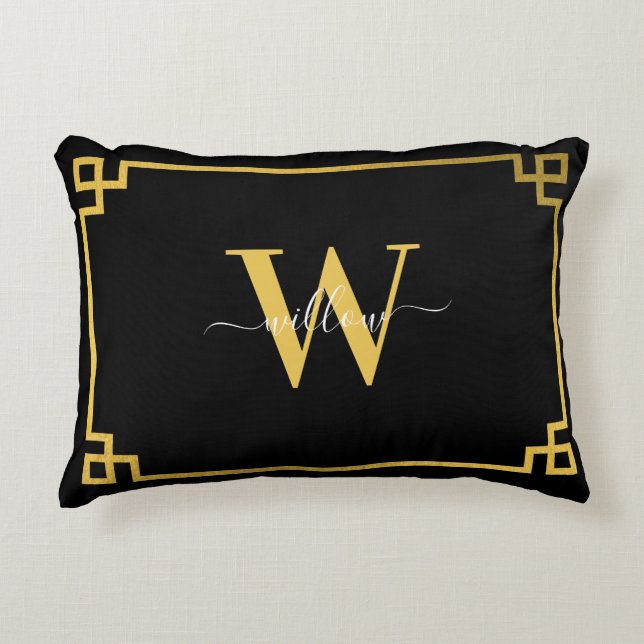 Black & Gold Greek Key Monogrammed Decorative Cushion (Front)