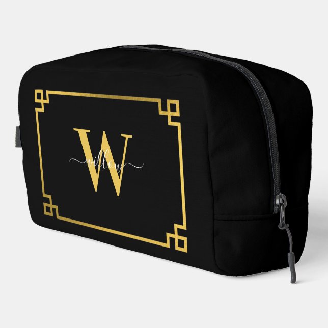 Black & Gold Greek Key Monogrammed Dopp Kit (Right Corner)