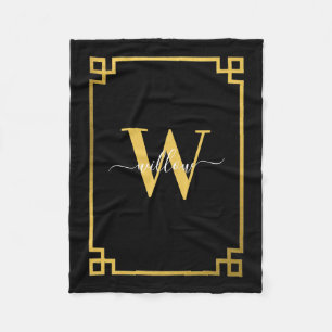 Black & Gold Greek Key Monogrammed  Fleece Blanket