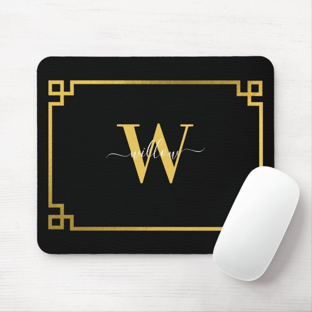 Black & Gold Greek Key Monogrammed  Mouse Pad (With Mouse)