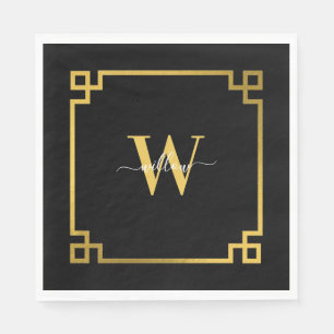 Black & Gold Greek Key Monogrammed Napkin