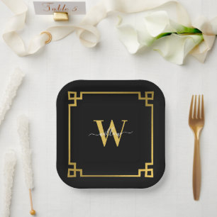 Black & Gold Greek Key Monogrammed Paper Plate