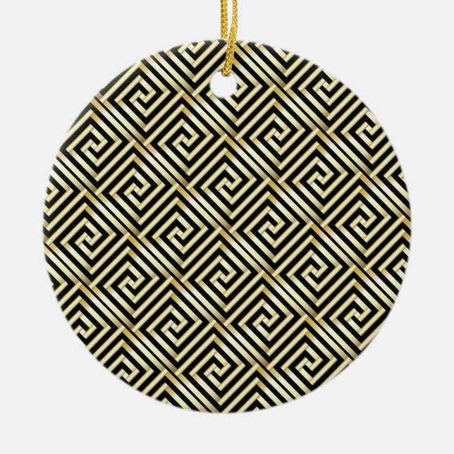 Black, gold Greek key pattern Ceramic Tree Decoration (Front)