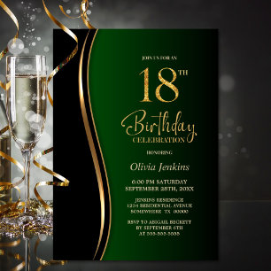Black Gold Green 18th Birthday Party Invitation