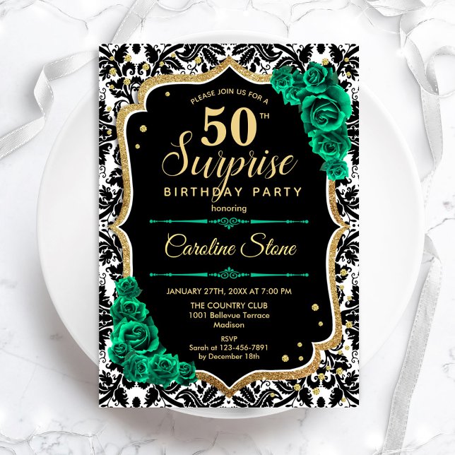  Black Gold Green Roses Surprise 50th Birthday Invitation (Creator Uploaded)