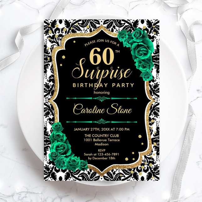 Black Gold Green Roses Surprise 60th Birthday Invitation (Creator Uploaded)
