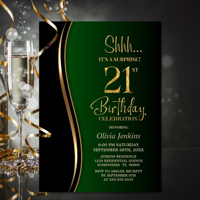Black Gold Green Surprise 21st Birthday Invitation (Creator Uploaded)