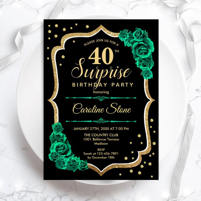 Black Gold Green Surprise 40th Birthday Invitation (Creator Uploaded)