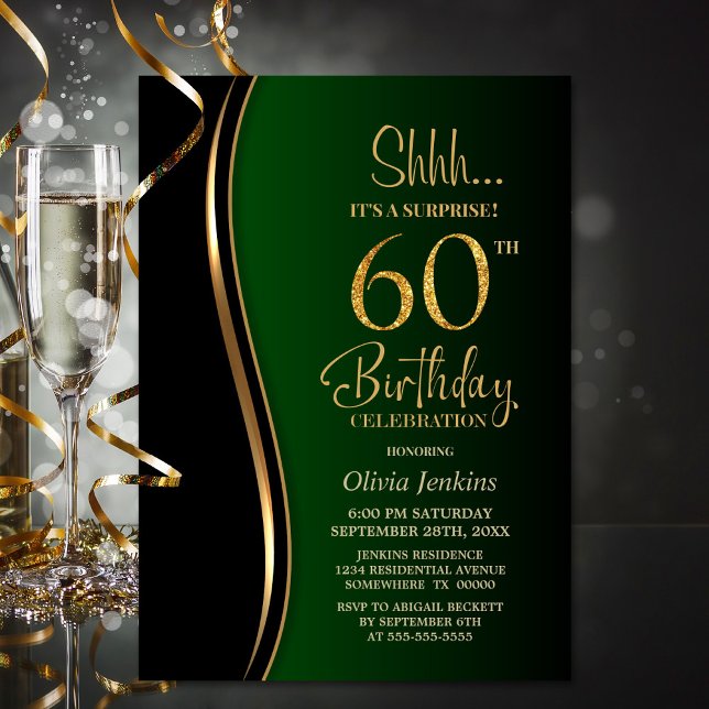 Black Gold Green Surprise 60th Birthday Invitation (Creator Uploaded)