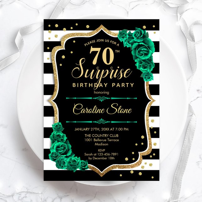 Black Gold Green Surprise 70th Birthday Invitation (Creator Uploaded)