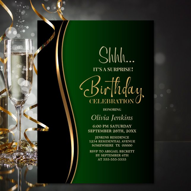 Black Gold Green Surprise Birthday Party Invitation (Creator Uploaded)