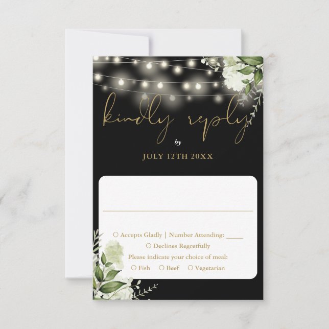 Black Gold Greenery Floral String Lights Wedding RSVP Card (Front)