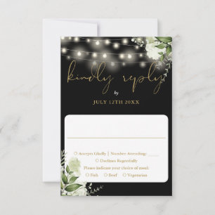 Black Gold Greenery Floral String Lights Wedding RSVP Card