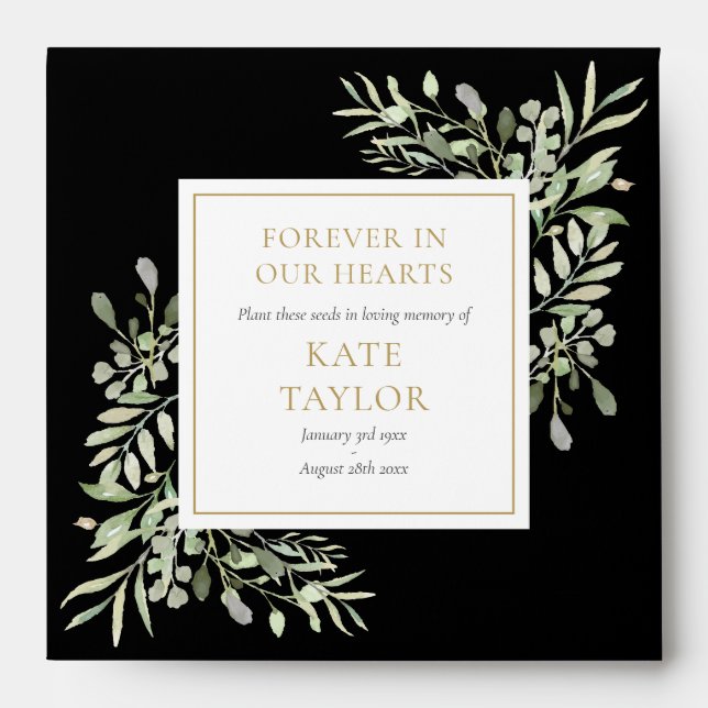 Black Gold Greenery Funeral Memorial Seed Packet Envelope (Front)