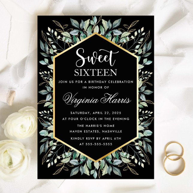 Black Gold Greenery Sweet Sixteen 16 Birthday Invitation (Creator Uploaded)