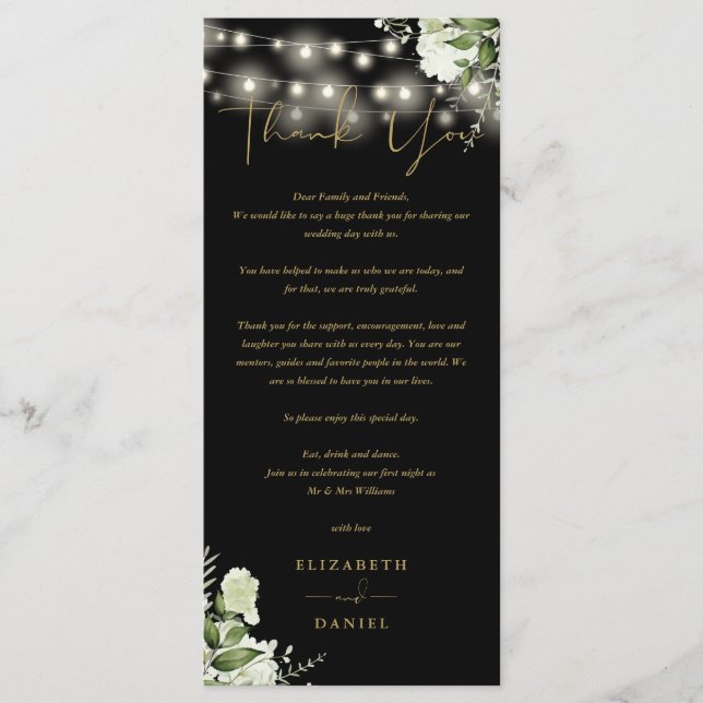 Black Gold Greenery Wedding Thank You Place Card (Front)
