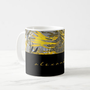Black Gold & Grey Abstract Floral Name Script Coffee Mug