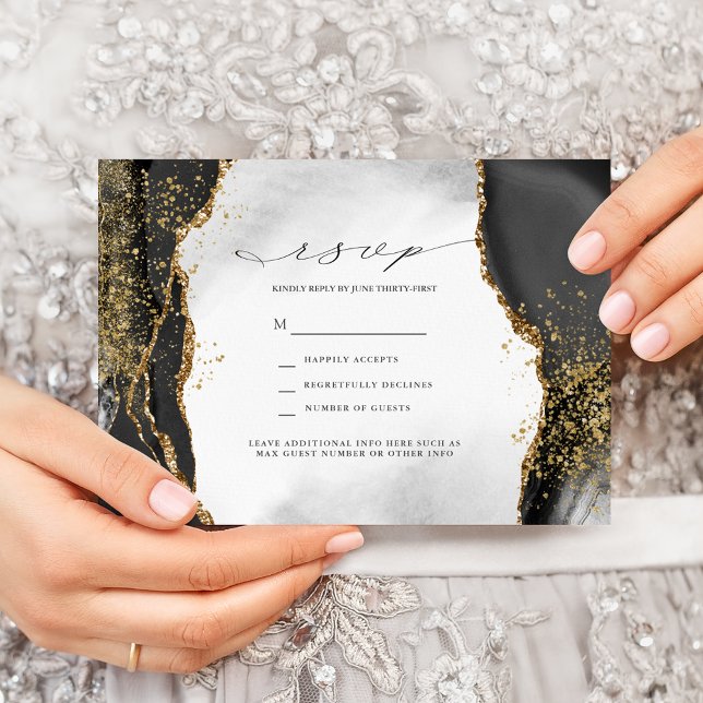Black, Gold & Grey Mist Agate Wedding RSVP Invitat Invitation (Creator Uploaded)