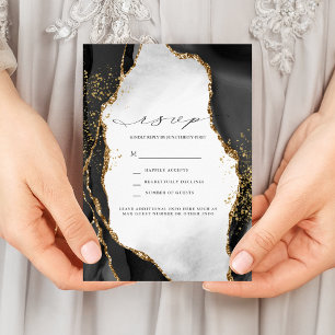 Black, Gold & Grey Mist Agate Wedding RSVP Invitation