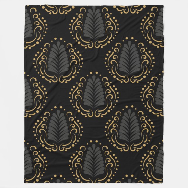 Black Gold & Grey Stylised Damasks Pattern Fleece Blanket (Front)
