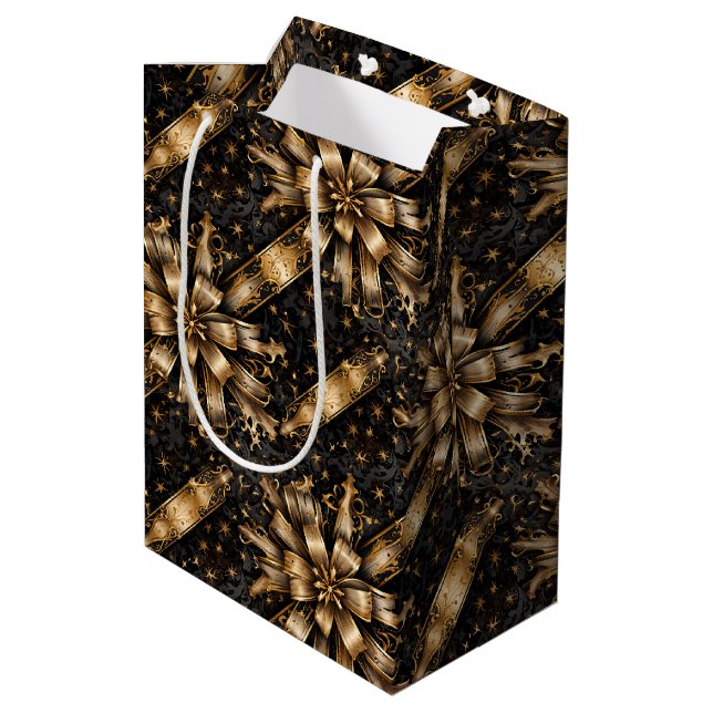 Black & Gold Grunge Christmas Ribbon Medium Gift Bag (Back Angled)