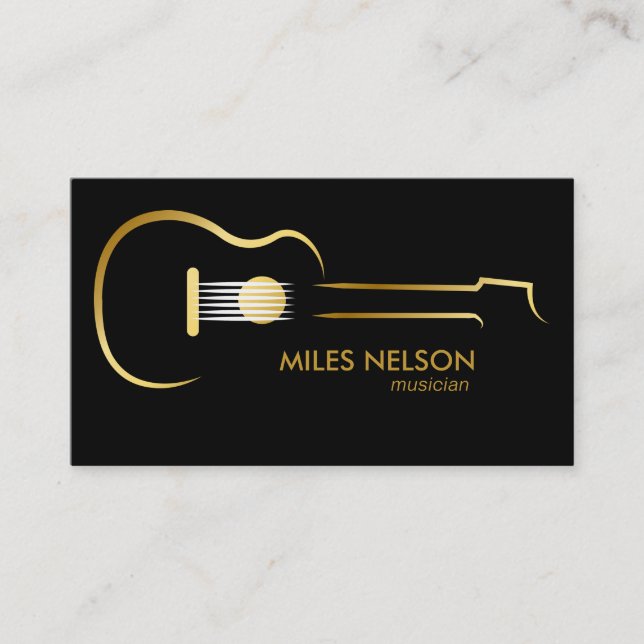 Black Gold Guitar Modern Logo Music Business Card (Front)