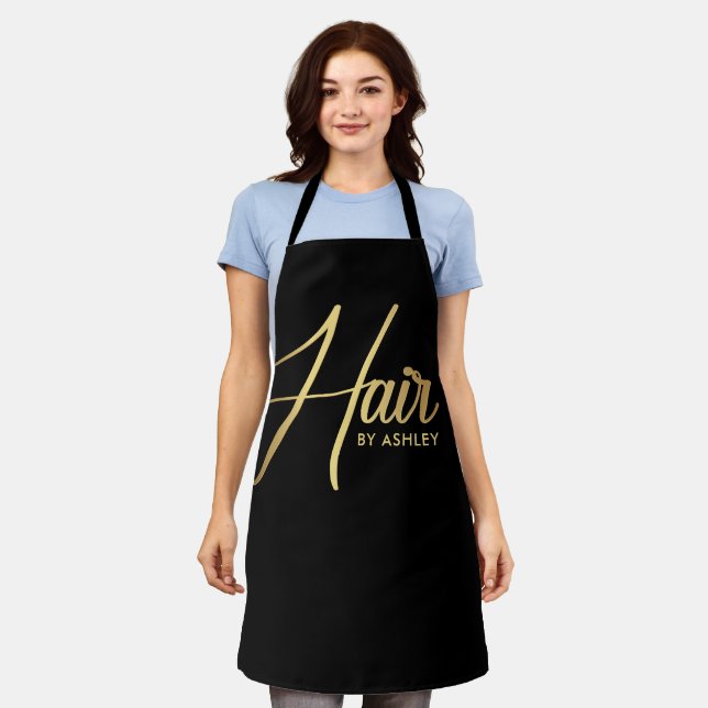 Black & Gold Hairstylist Salon Name Apron (Worn)