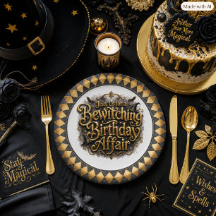 Black Gold Halloween Birthday Gothic Harlequin Paper Plate