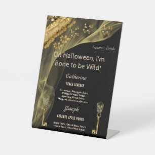 Black & Gold Halloween Skeleton Signature Drinks Pedestal Sign