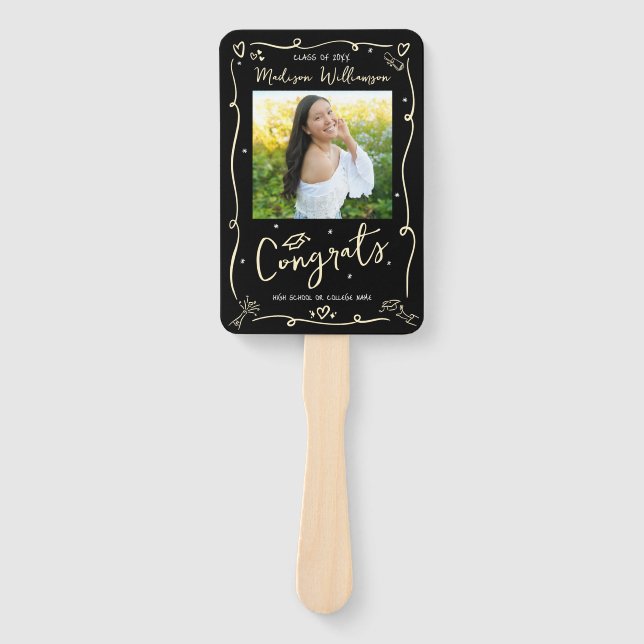 Black Gold Hand Drawn Doodle Graduation 2 Photo Hand Fan (Front)