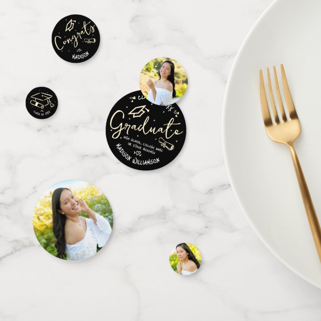 Black Gold Hand Drawn Doodles Graduation 3 Photo Confetti (Group)