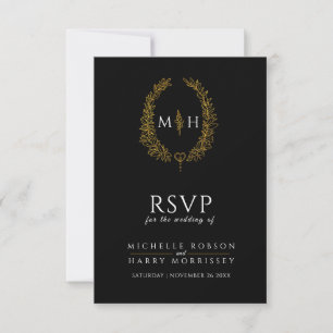 Black gold hand drawn leaf monogram RSVP wedding Card