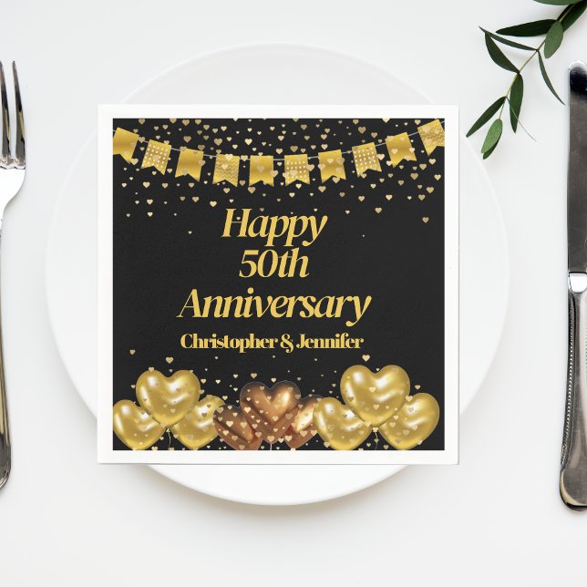  Black & Gold Happy 50th Wedding Anniversary Napkin (Creator Uploaded)