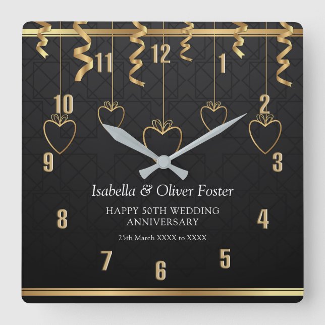 Black & Gold Happy 50th Wedding Anniversary Square Wall Clock (Front)