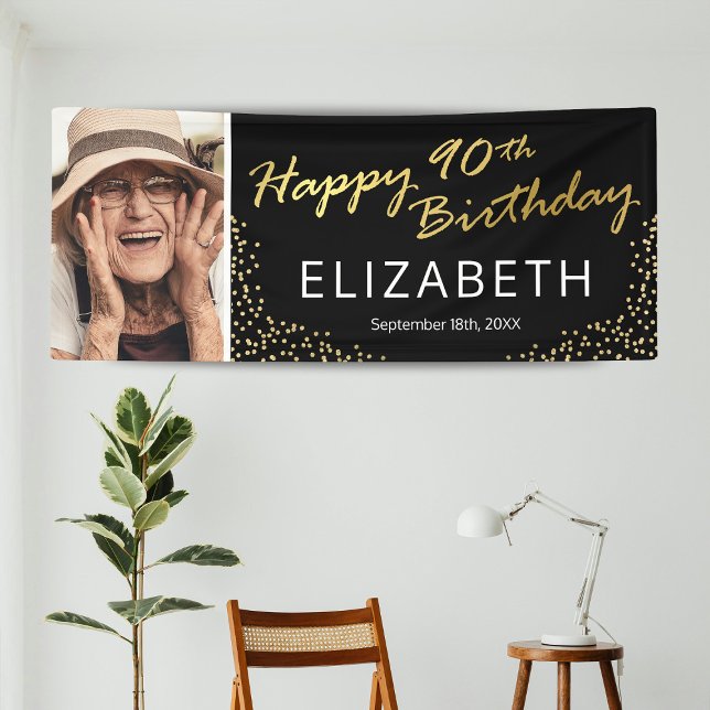 Black Gold Happy 90th Birthday Photo Banner (Creator Uploaded)