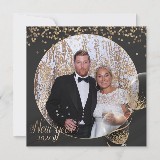 Black Gold Happy New Year 2021 Add Your Own Photo Holiday Card (Front)