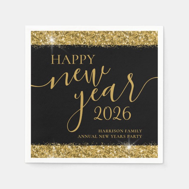 Black Gold Happy New Year 2026 Custom Napkin (Front)