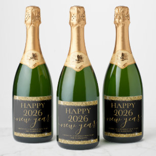 Black Gold Happy New Year 2026 Personalised Sparkling Wine Label