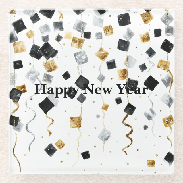 Black Gold Happy New Year Confetti Glass Coaster (Front)