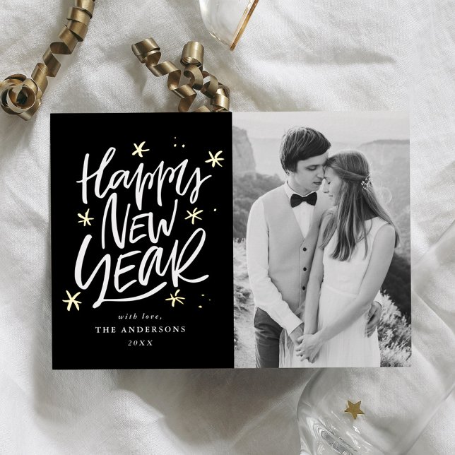 Black & Gold Happy New Year Photo Foil Holiday Card (Creator Uploaded)