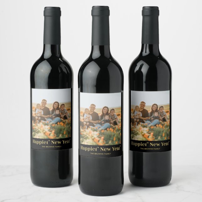 Black & Gold Happy New Year Photo Wine Label (Bottles)