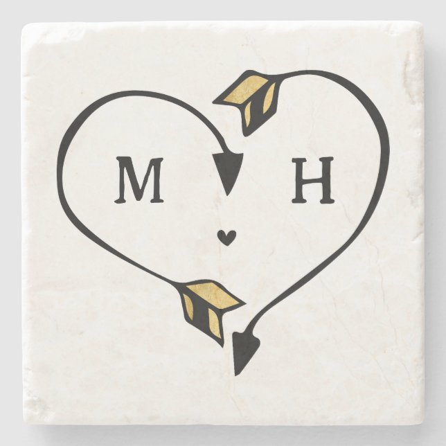 Black & Gold Heart Arrow Romantic Monogram Stone Coaster (Front)